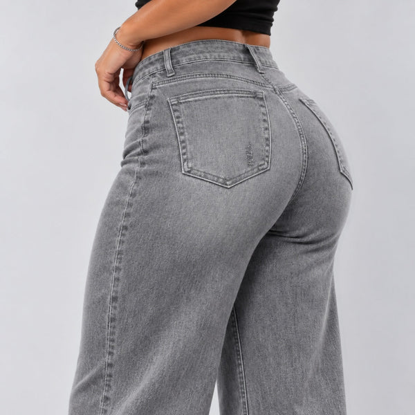 Gray jeans, Back three-quarter close-up